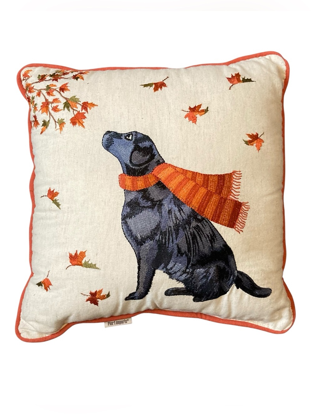 Pier 1 Imports Black Labrador Embroidered Autumn Throw Pillow 14” x 14”